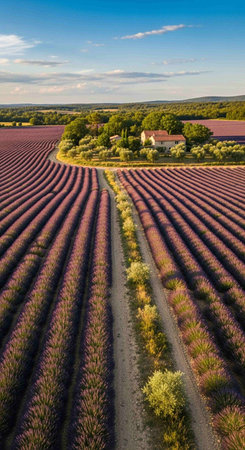 Aerial view of lavender fields in Valensole, Franceの写真素材