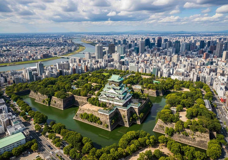 Aerial view of Osaka Castle in Osaka, Japan. Osaka Castle is a UNESCO World Heritage Site.の写真素材
