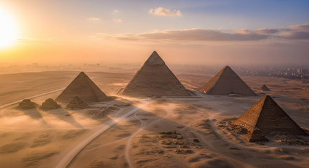 Panoramic view of the pyramids of Giza at sunsetの写真素材