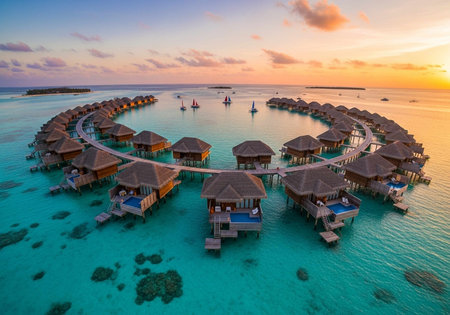 Aerial view of water bungalows at Maldives at sunsetの写真素材