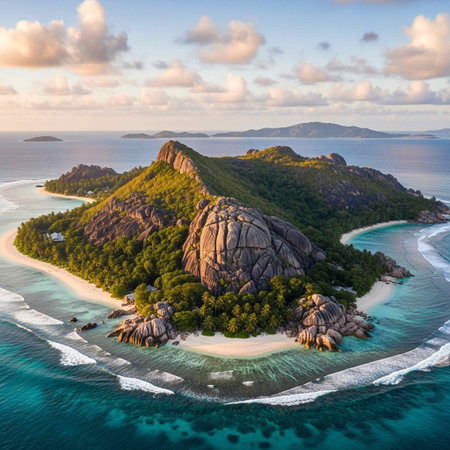Aerial view of Seychelles islands at sunset, La Digue island, Seychellesの写真素材