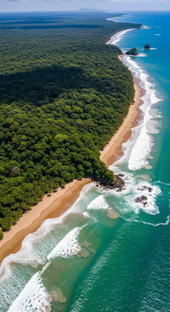 Aerial view of tropical beach with turquoise water and green forestの写真素材