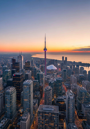 Toronto, Ontario, Canada. Aerial view of Toronto city skyline at sunset.の写真素材