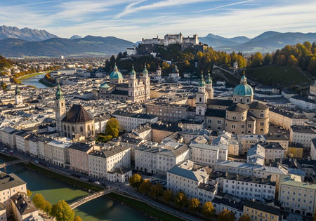 Aerial view of Salzburg in a beautiful autumn day, Austriaの写真素材