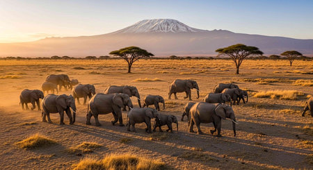 Elephants in the Amboseli National Park, Kenya, Africaの写真素材