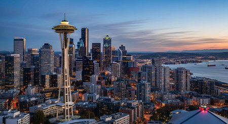 Seattle skyline at sunset with urban skyscrapers, Seattle, Washington.の写真素材