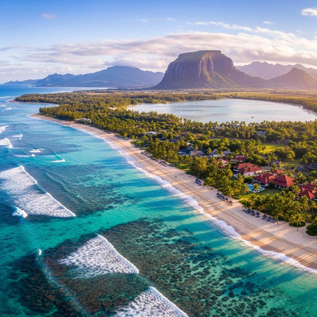 Aerial view of beautiful sandy beach with turquoise water and mountains in Mauritius islandの写真素材