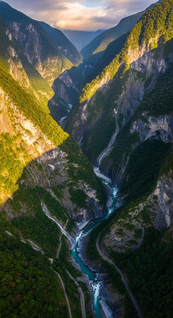 Aerial view of the valley of the Tara river, Montenegroの写真素材