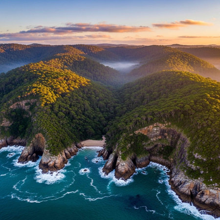 Aerial view of beautiful sunset over the sea. Drone photography.の写真素材