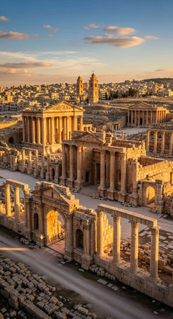 The ruins of the ancient city of Jerash in Jordan at sunsetの写真素材