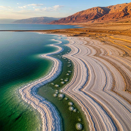 Aerial view of Dead Sea, Israel. Dead Sea is the largest salt lake in the world.の写真素材