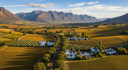 Aerial view of New Zealand vineyard and mountains at sunset.の写真素材