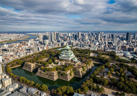 Aerial view of Osaka castle and Osaka cityscape, Osaka, Japanの写真素材