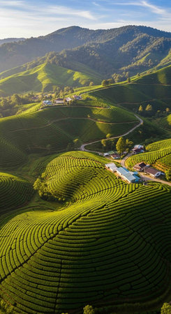 Tea Plantation at Sunrise in Thai, Chiang Rai, Thailandの写真素材