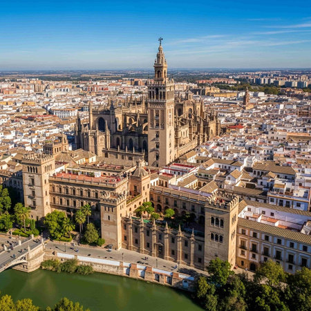 Panoramic aerial view of Seville Cathedral in a beautiful summer day, Spainの写真素材