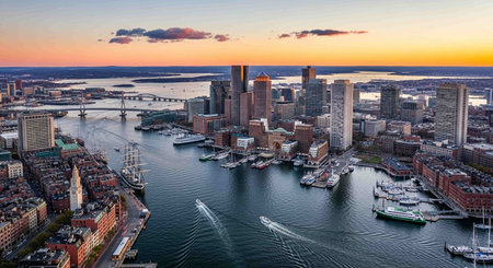 Aerial view of Boston Harbor and Financial District at sunset in Massachusetts, USA.の写真素材