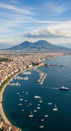 Panoramic view of Naples and Mount Vesuvius in Italyの写真素材