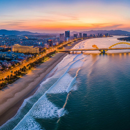 Aerial view of the city at sunsetの写真素材