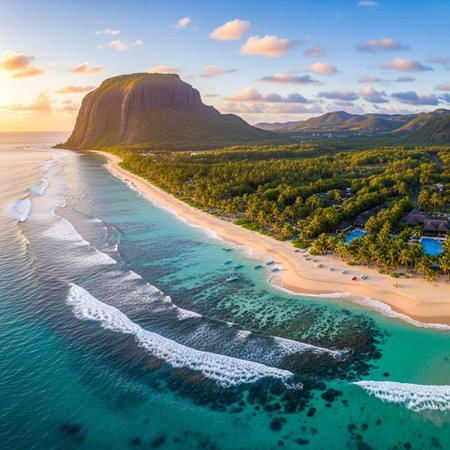 Aerial view of beautiful tropical beach with turquoise water, coconut palm trees and sand at sunsetの写真素材
