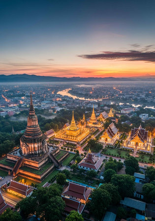 Wat Phra That Suthon Mongkhon Khiri temple at twilight, Thailandの写真素材