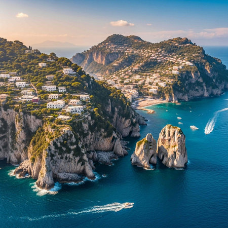 Aerial view of Capri island, Italy. Beautiful summer seascape of the Mediterranean Sea.の写真素材