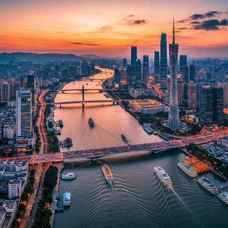 Aerial view of Shanghai Pudong skyline at sunset, China.の写真素材