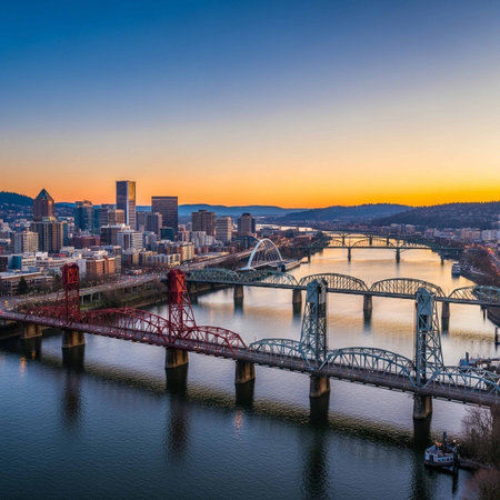 Portland, Oregon, USA downtown skyline at sunset with the Willamette River.の写真素材