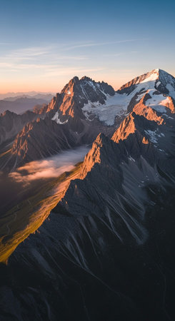 Aerial view of mountain range at sunrise.の写真素材