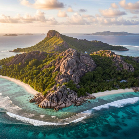Aerial view of Seychelles islands at sunset, La Digue island, Seychellesの写真素材