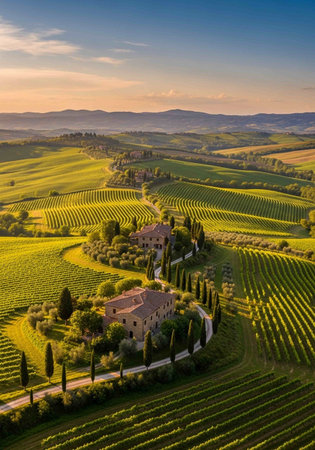 Aerial view of Tuscany vineyard at sunset, Italyの写真素材
