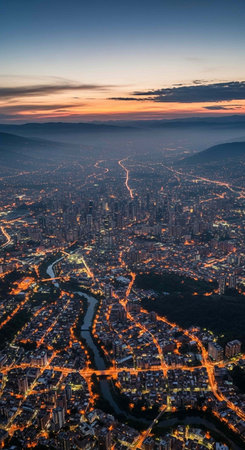 Aerial view of the city of Seoul at sunset, South Koreaの写真素材