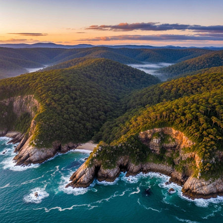 Aerial view of the cliffs at sunset in Cape BretonScotia, Canadaの写真素材