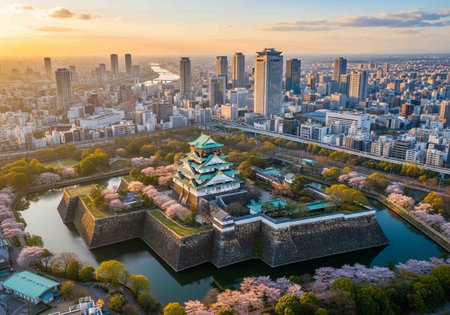 Aerial view of Osaka Castle with cherry blossoms at sunset, Osaka, Japanの写真素材