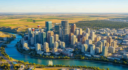 Aerial view of a city with a river running through itの写真素材