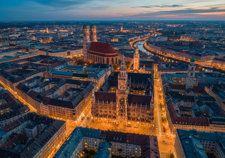 Aerial view of Munich at dusk, Bavaria, Germany.の写真素材