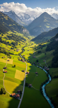 Panoramic view of alpine valley in summer, Switzerland.の写真素材