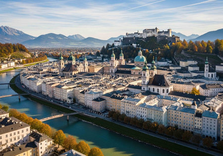 Aerial view of Salzburg with Salzach river, Austriaの写真素材