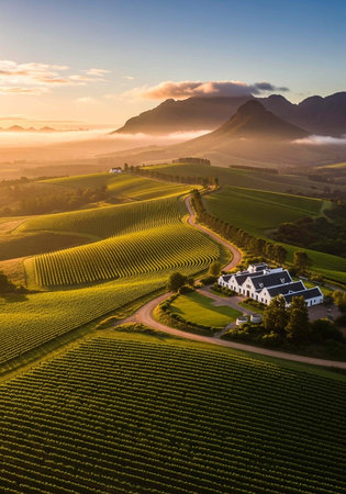 Aerial view of vineyards in South Tyrol in Italy at sunriseの写真素材