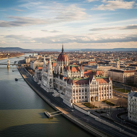 Aerial view of Budapest Parliament Building and Danube river, Hungaryの写真素材