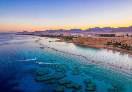 Aerial view of Red Sea at sunset, Hurghada, Egyptの写真素材