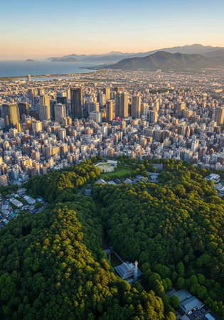 Aerial view of city at sunset.の写真素材