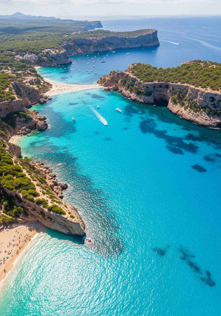Aerial view of Cala Figuera beach, Cala Figuera, Mallorca, Spainの写真素材