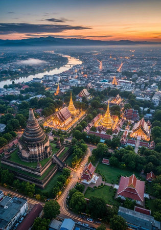 Aerial view of Wat Phra Si Rattana Mahathat Temple in Sukhothai Historical Park, Thailandの写真素材