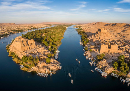 Aerial view of Nile river in Luxor, Egypt, Africaの写真素材