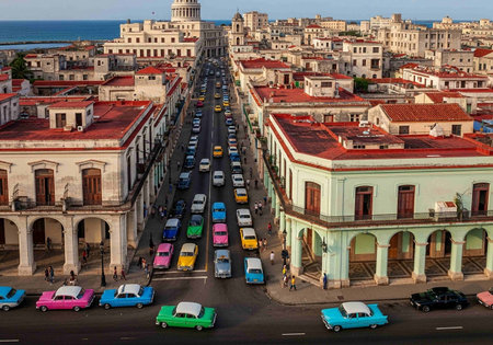 Aerial view of the city of Havana, Cuba. Cars on the road.の写真素材