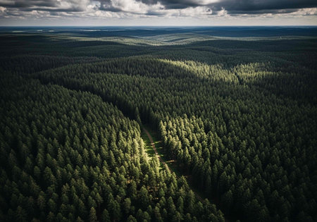 Aerial view of the pine forest in Latvia. Drone photography.の写真素材