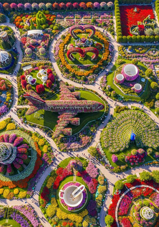 Aerial view of beautiful flower garden in Nong Nooch park in Pattaya, Thailand