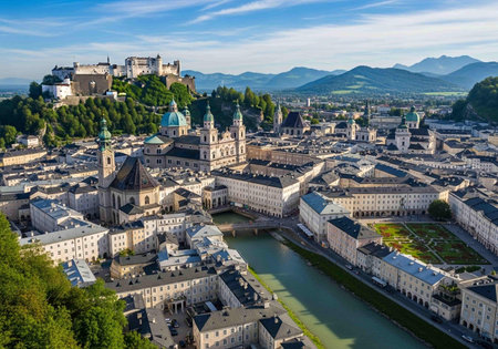 Panoramic view of Salzburg, Austria in a summer dayの写真素材