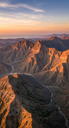 Aerial view of desert mountains and river at sunset in California, USAの写真素材