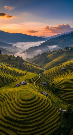 Longji terraced rice fields at sunset, Sapa, Vietnamの写真素材